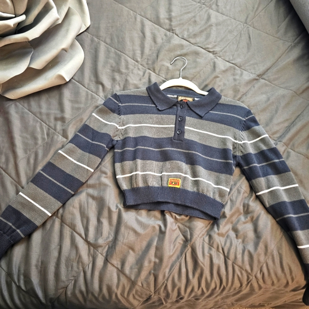 CHARLIE Brown Fb County Girl Striped Polo Sweater in Gray and Black Size XS